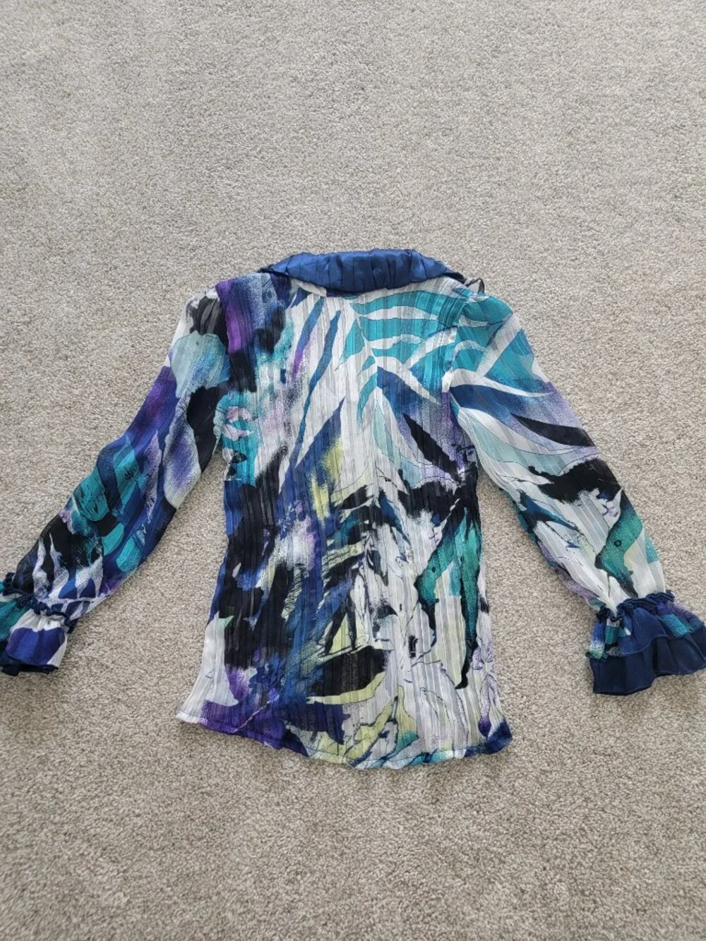 Vintage Y2K Whimsigoth Agora Abstract Watercolor Crinkle Ruffle Blouse